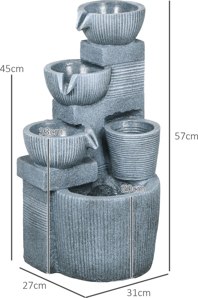 Outsunny Fontanna Ogrodowa Nowoczesna - Naturalnego Kamienia 4-Stopniowa Zasilana Energia Sloneczna Diody LED Wys. 57 cm Ciemnoszary na Taras | Aosom PL