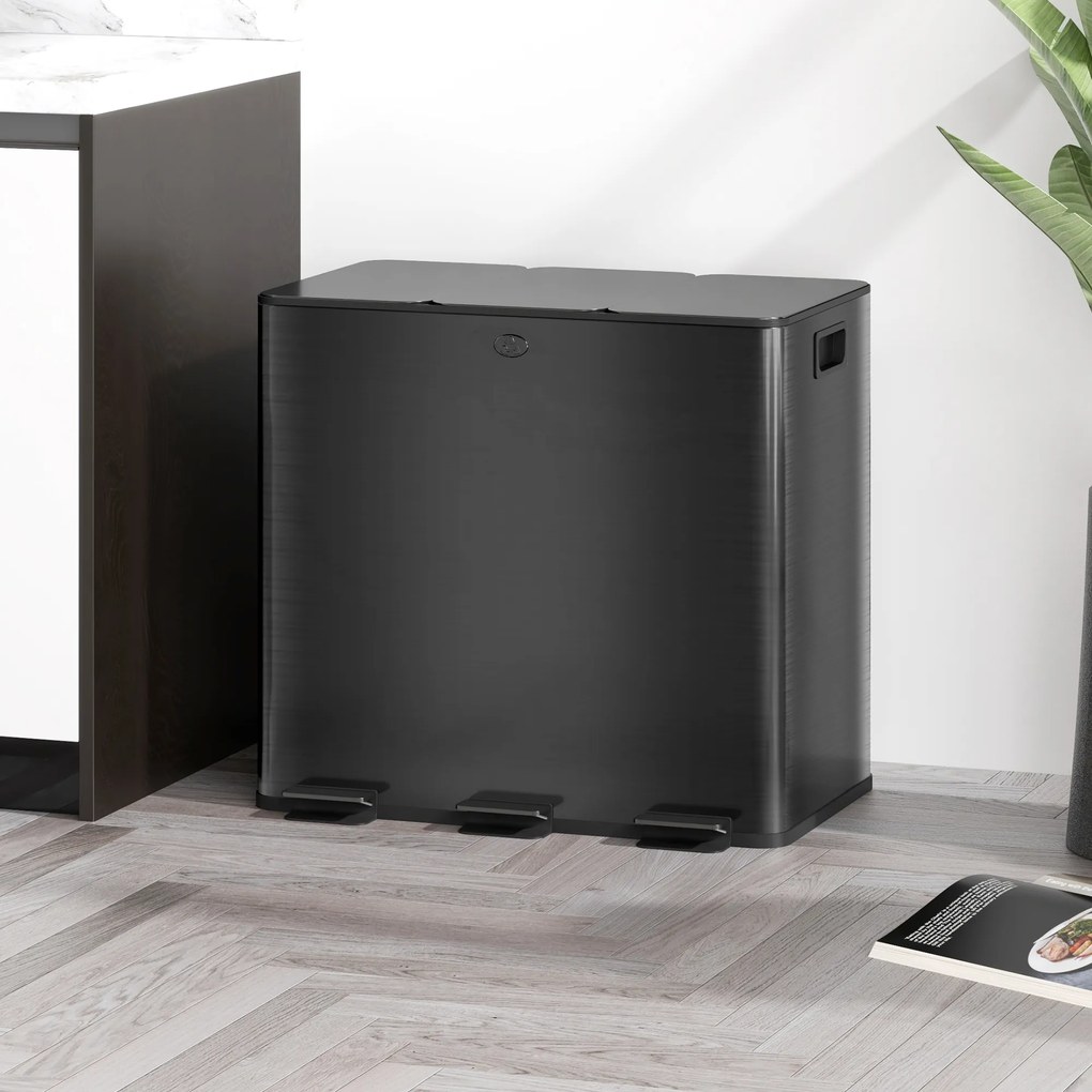 HOMCOM Kosz na śmieci z 3 komorami 15L, pokrywy z odświeżaczem, odporny na odciski palców, ciche zamykanie, wyjmowane, Czarny