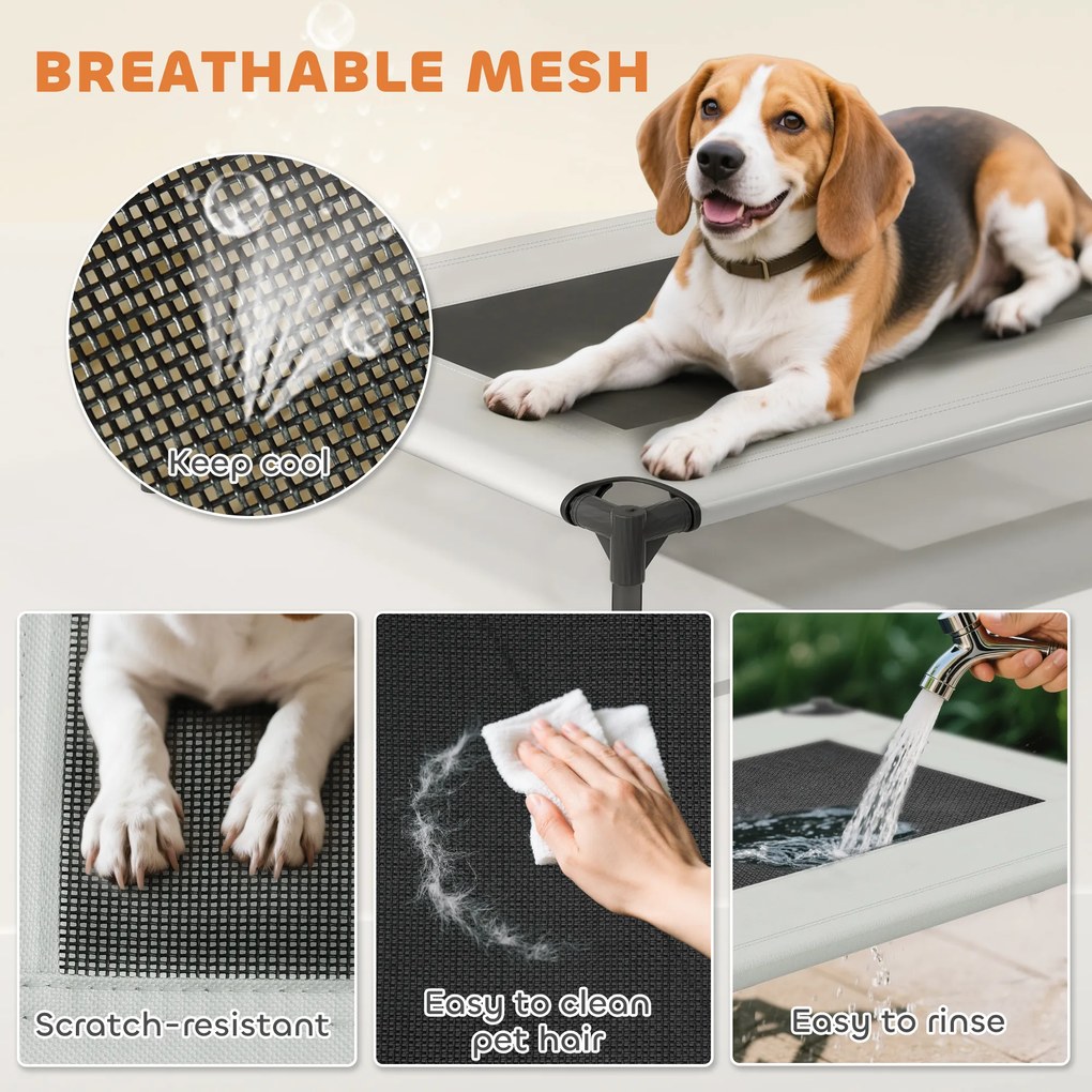 PawHut Łóżko dla psa na zewnątrz z dachem, podwyższone łóżko dla średnich psów, z ramą stalową, 76x61x70 cm, jasnoszary | Aosom PL