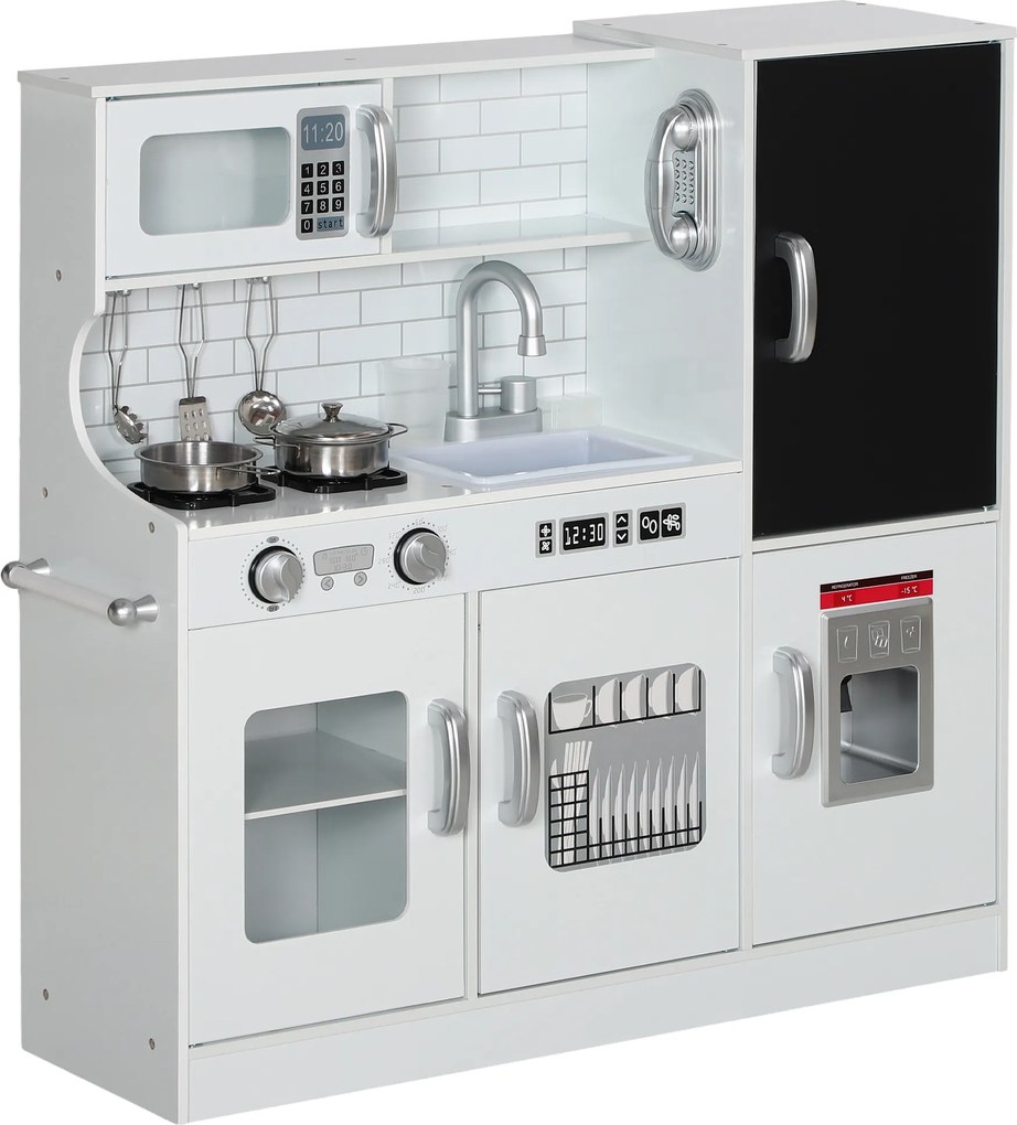 AIYAPLAY Kuchnia dla dzieci, zestaw do zabawy z telefonem, tablicą kredową, mikrofalówką, kuchenką, zlewem, akcesoriami, maszyną do lodu, 3-8 lat, Biała