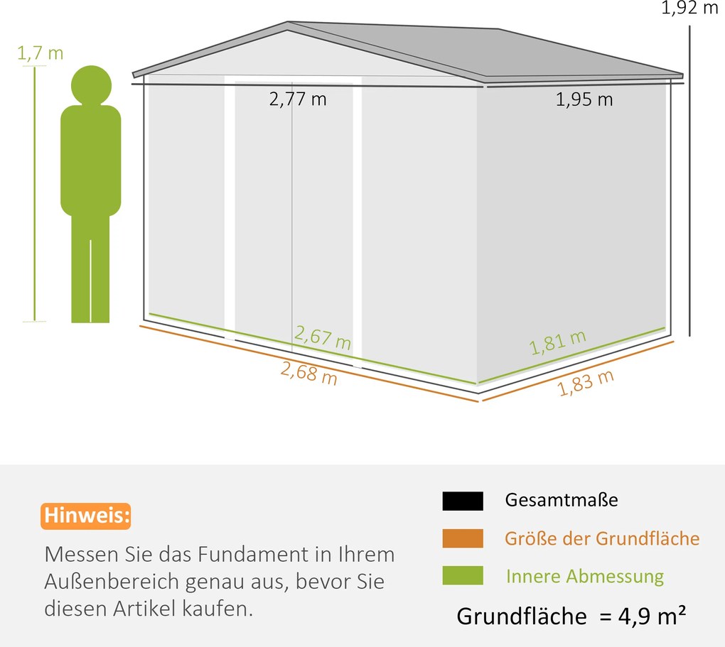 Outsunny Schowek Ogrodowy, 2 Drzwi Przesuwne, 4 Okna, Odporny na Warunki Atmosferyczne, Metalowa Konstrukcja, 2,7 x 1,9 x 1,9 m, Brązowy