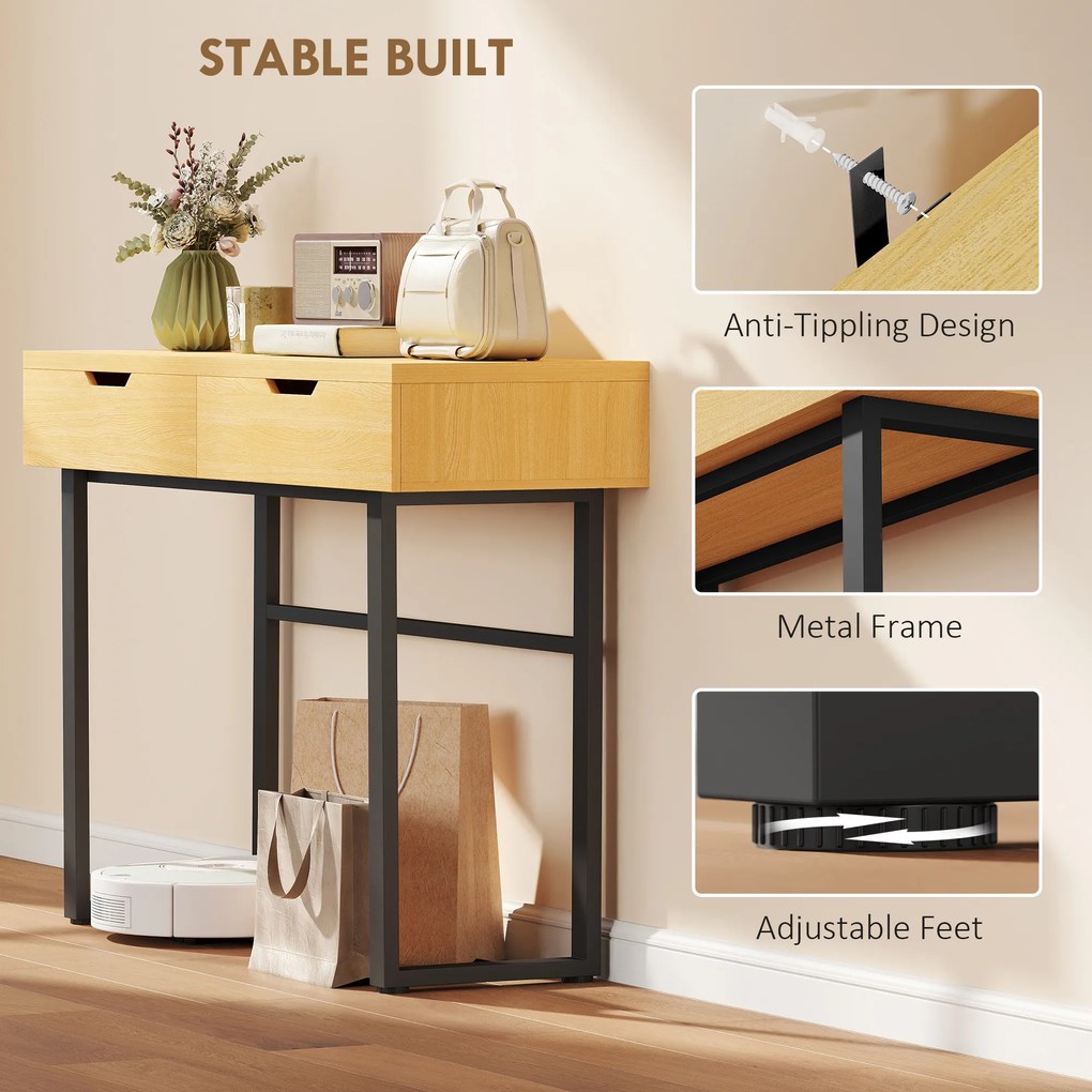 HOMCOM Stolik konsolowy Wąski stolik do przedpokoju z 2 szufladami, metalowa rama, do przedpokoju 110 x 35 x 76,5 cm naturalny | Aosom PL