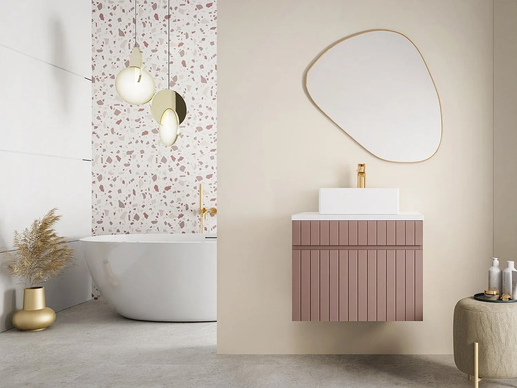 Szafka pod umywalkę wisząca ryflowana różowa z blatem - 60 cm - SATARA