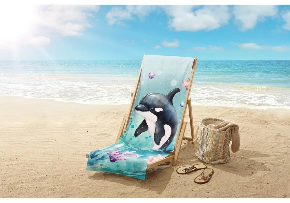 Niebieski aksamitny ręcznik plażowy dla dzieci 75x150 cm Splash – Good Morning