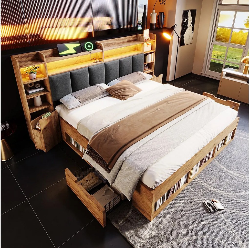 Łóżko podwójne z pojemnikiem w wykończeniu dębowym - 160 x 200 cm - z zagłówkiem + oświetlenie LED + stoliki nocne + szuflady - drewno - naturalne