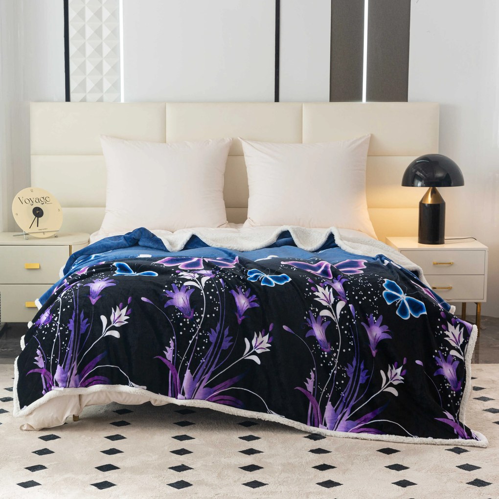 Koc z mikropluszu VIOLET BUTTERFLY ciemnoniebieski Rozmiar: 200 x 220 cm