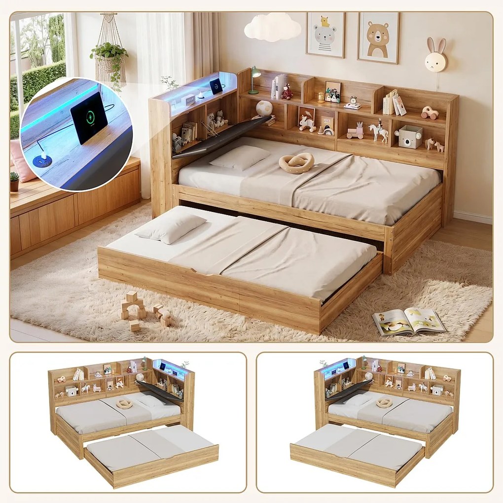 Łóżko dziecięce - 90 x 200 cm - z diodami LED + półka do przechowywania + wysuwane łóżko (90 x 190 cm) - MDF - naturalny