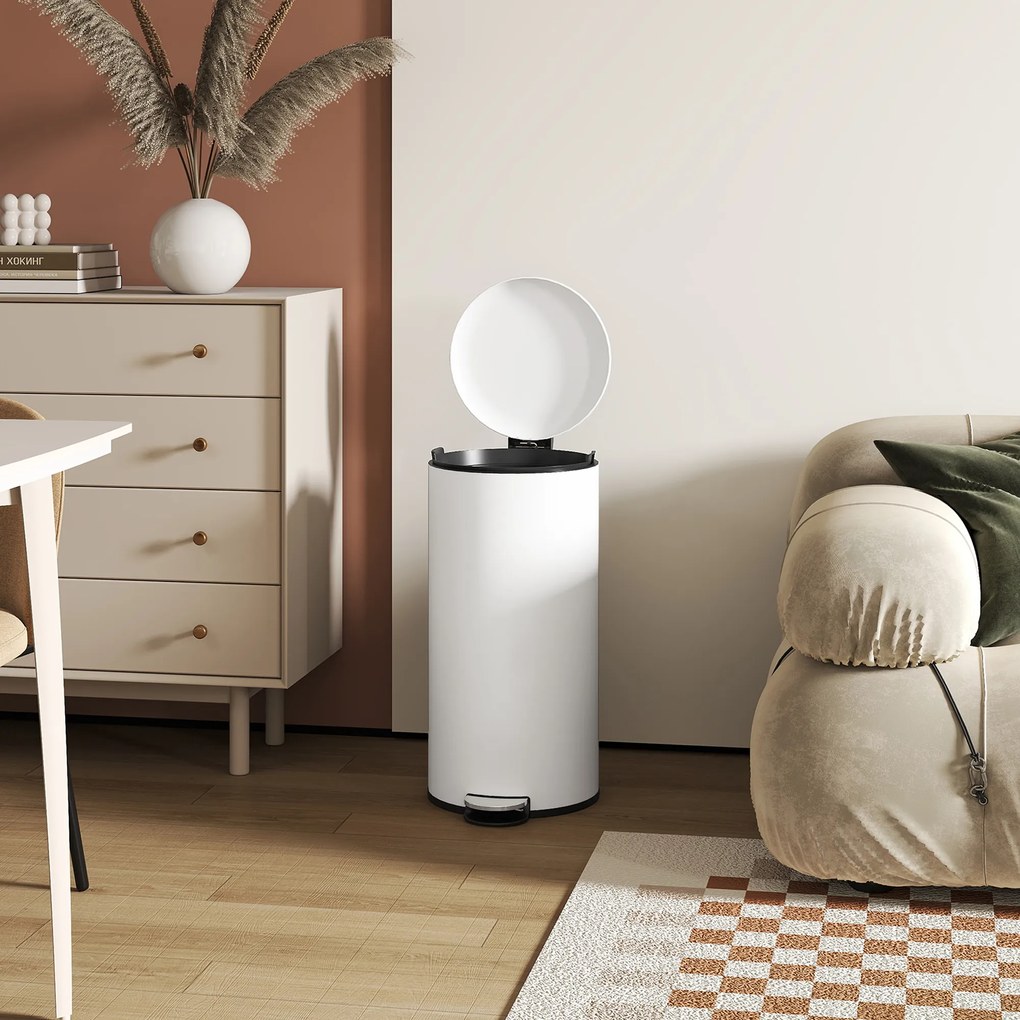 HOMCOM Kosz na Śmieci 30L, z Pedałem, Blokowalna Pokrywka, Odporny na Plamy, Kremowy