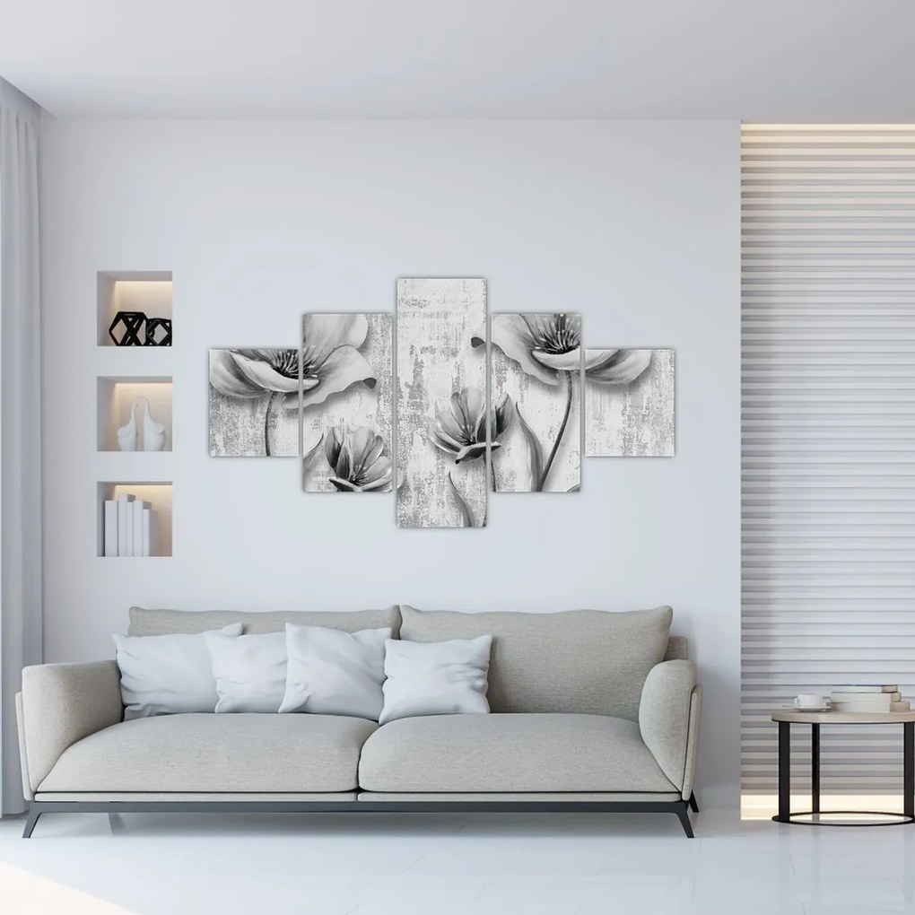 Obraz - Czarno-białe kwiaty na tle (125x70 cm)