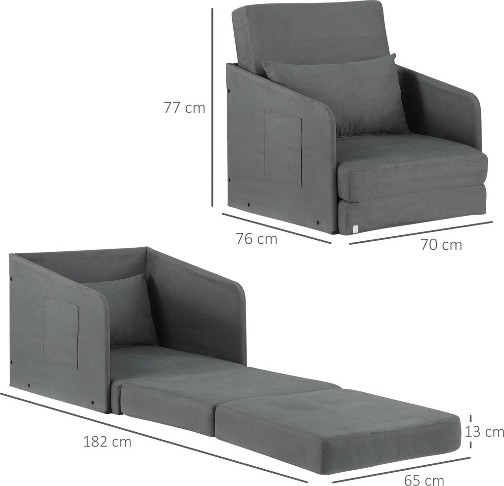 HOMCOM® sofa do spania sofa rozkładana sofa pojedyncza pokrowiec do prania 2 kieszenie boczne poduszka metal szary 70 x 76 x 77 cm