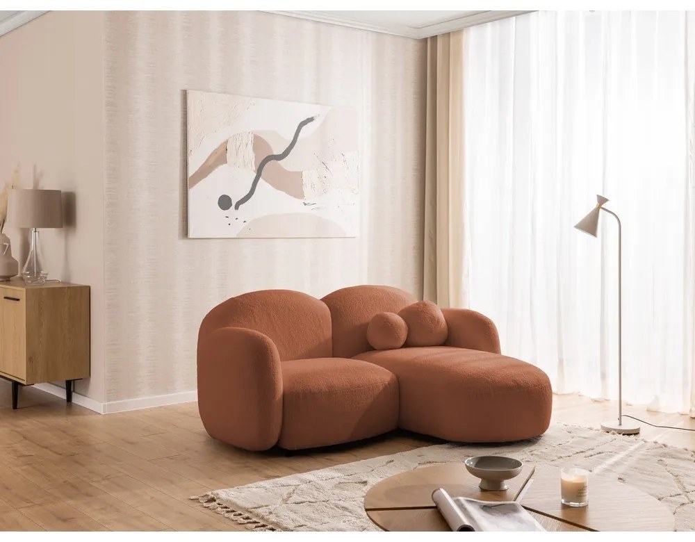 Narożnik z materiału bouclé (prawostronny/z szezlongiem) w kolorze terakoty Orbit – Ropez