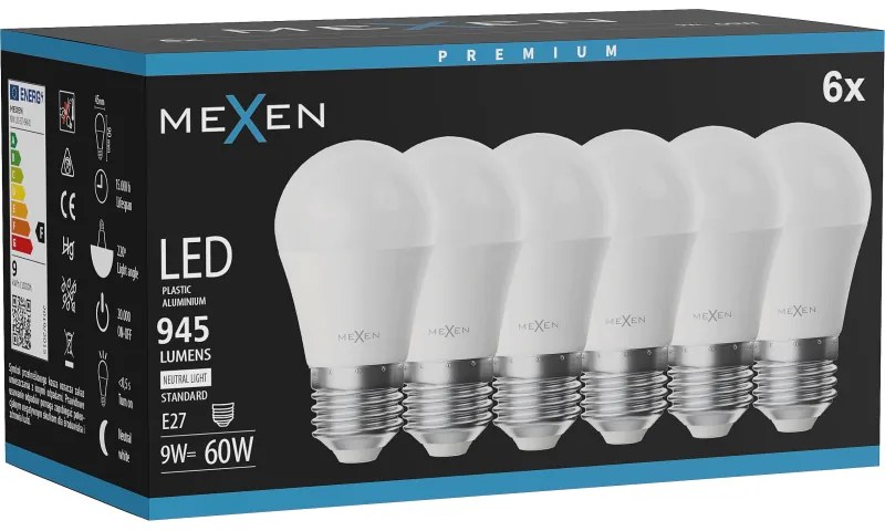 Mexen Nova 6x żarówka LED E27, G45, 9W, Neutralna - 4000K, 945 lm - L101-E27-0940-01x06