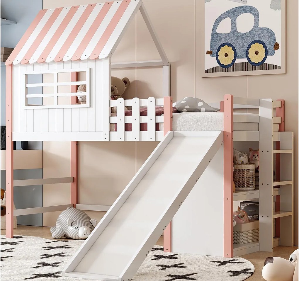 Łóżko dziecięce 90×200 cm - z drabiną bezpieczeństwa - ze zjeżdżalnią - ze schowkiem - różowe (materac nie jest zawarty)