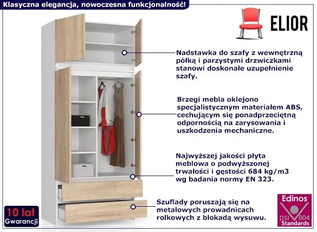Klasyczna szafa z nadstawką biały + dąb sonoma - Enio 3X