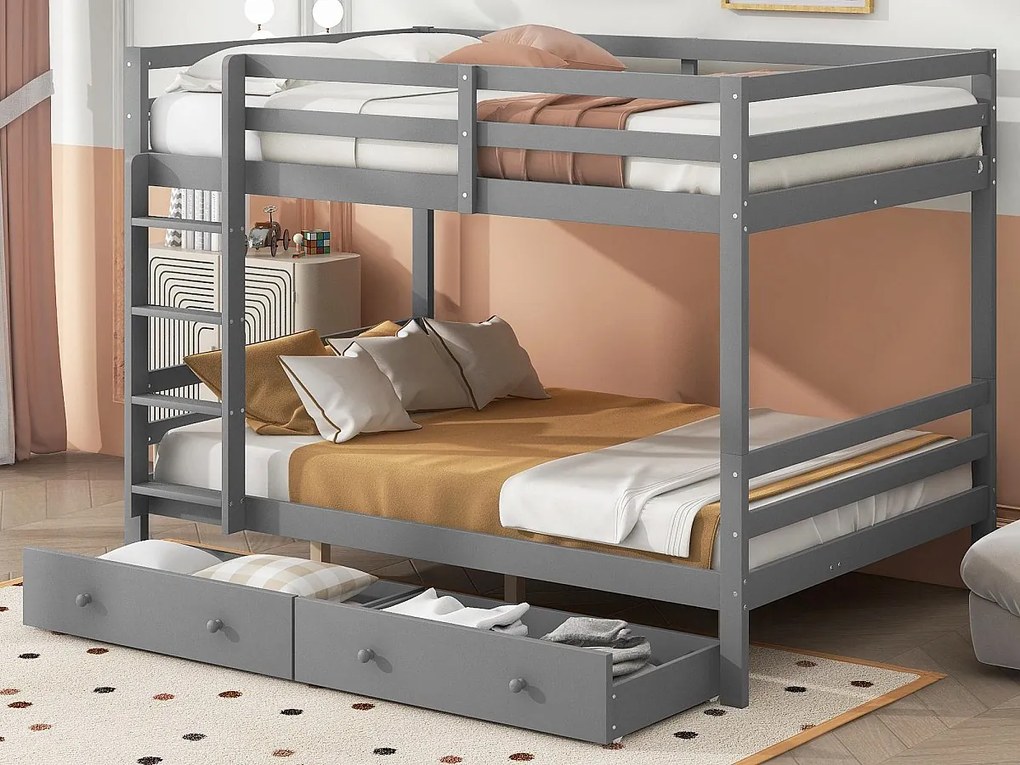 Łóżko piętrowe drewniane z szufladami i drabiną - 140x200cm - Szare