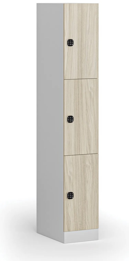 Szafka skrytkowa, 3 schowki, 1850 x 300 x 500 mm, demontaż, zamek kodowy, drzwi laminowane, dąb naturalny