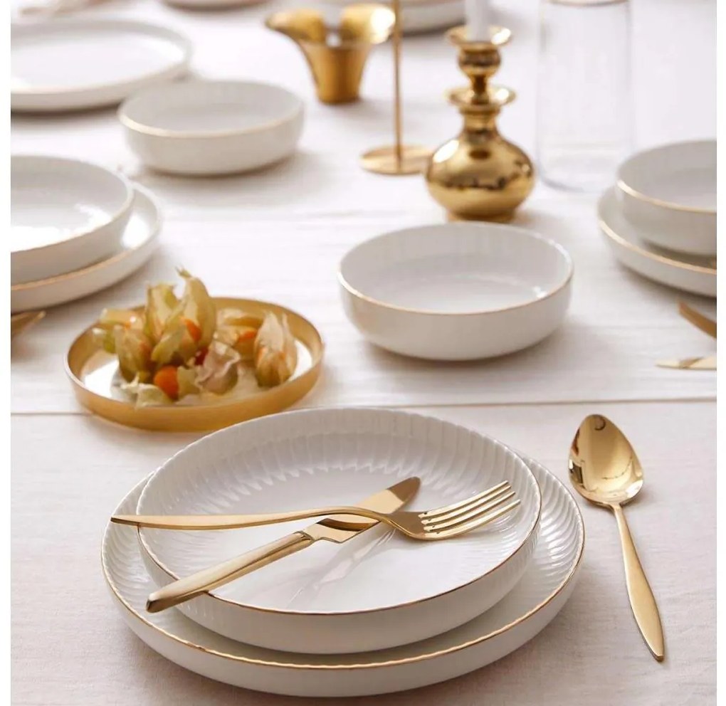 Elegancki 18-częściowy zestaw obiadowy, biały z elementami złota, porcelana