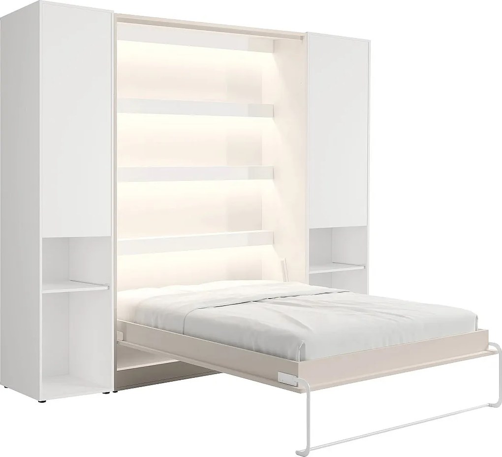 Łóżko chowane w szafie pionowe 140 x 200 cm - 2 kolumny do przechowywania - Z oświetleniem LED - Beżowe - RAPILI
