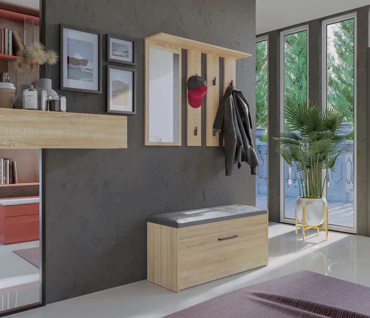 Wieszak ścienny z szafką na buty do przedpokoju dąb sonoma A6-T00