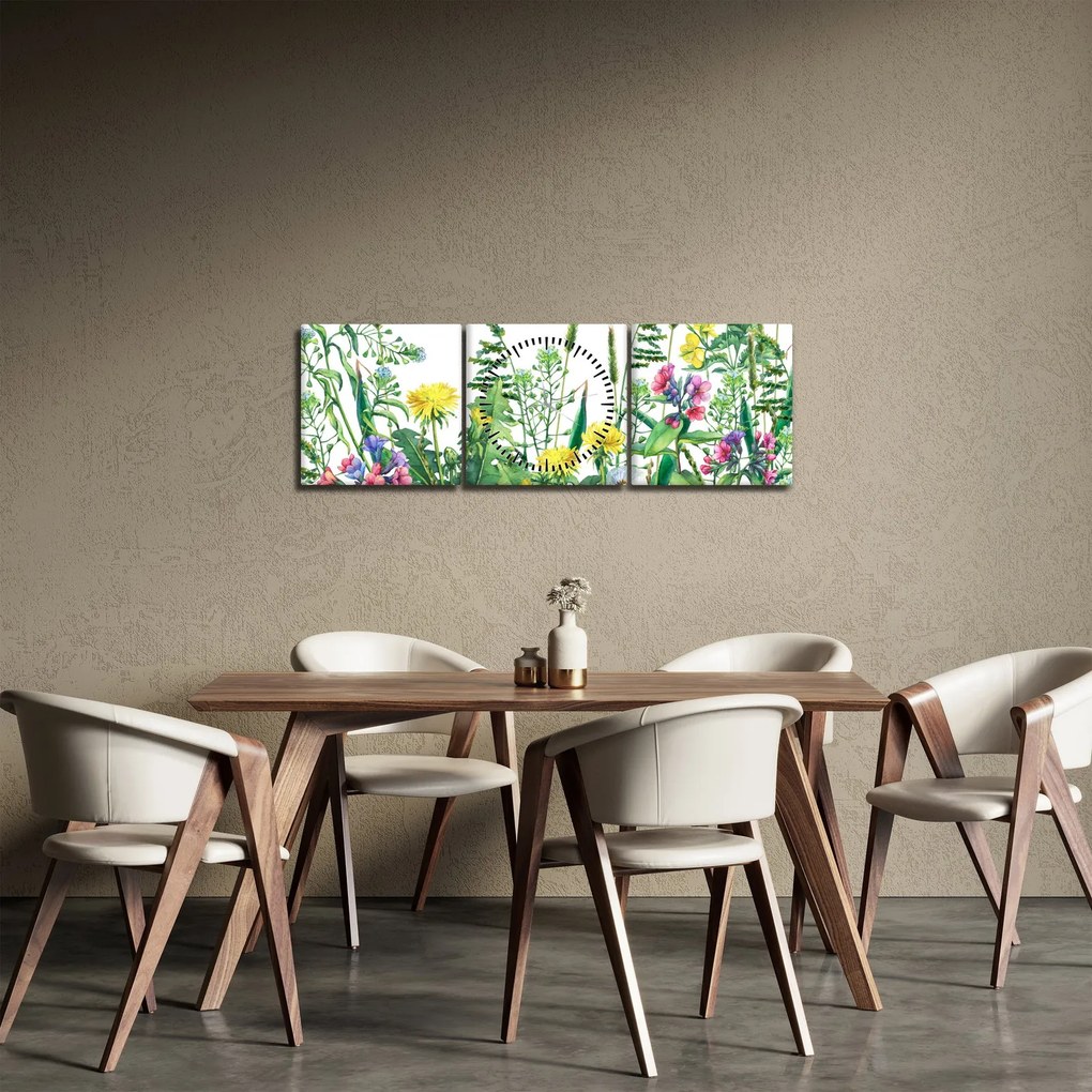 Obraz - Malowane kwiaty łąkowe (z zegarem) (90x30 cm)