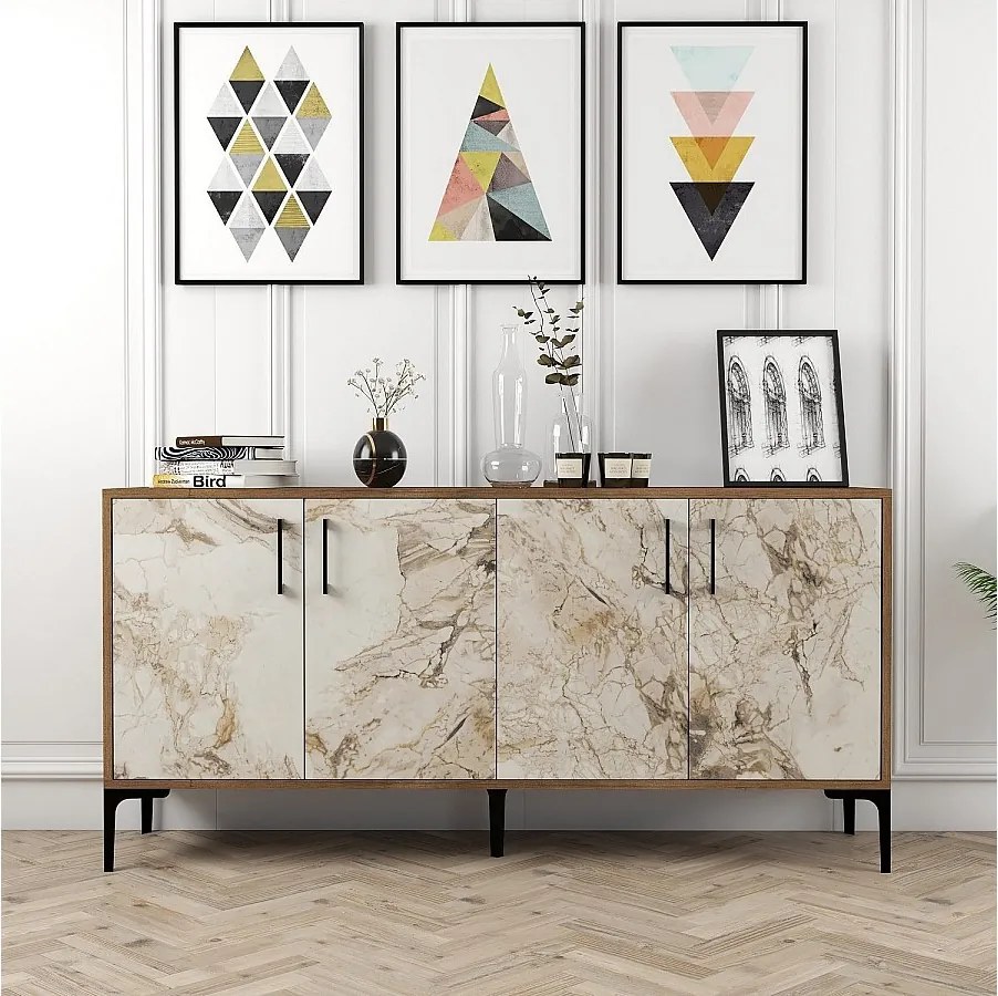 Komoda industrialna – 160 cm – orzech i biały marmur – melamina