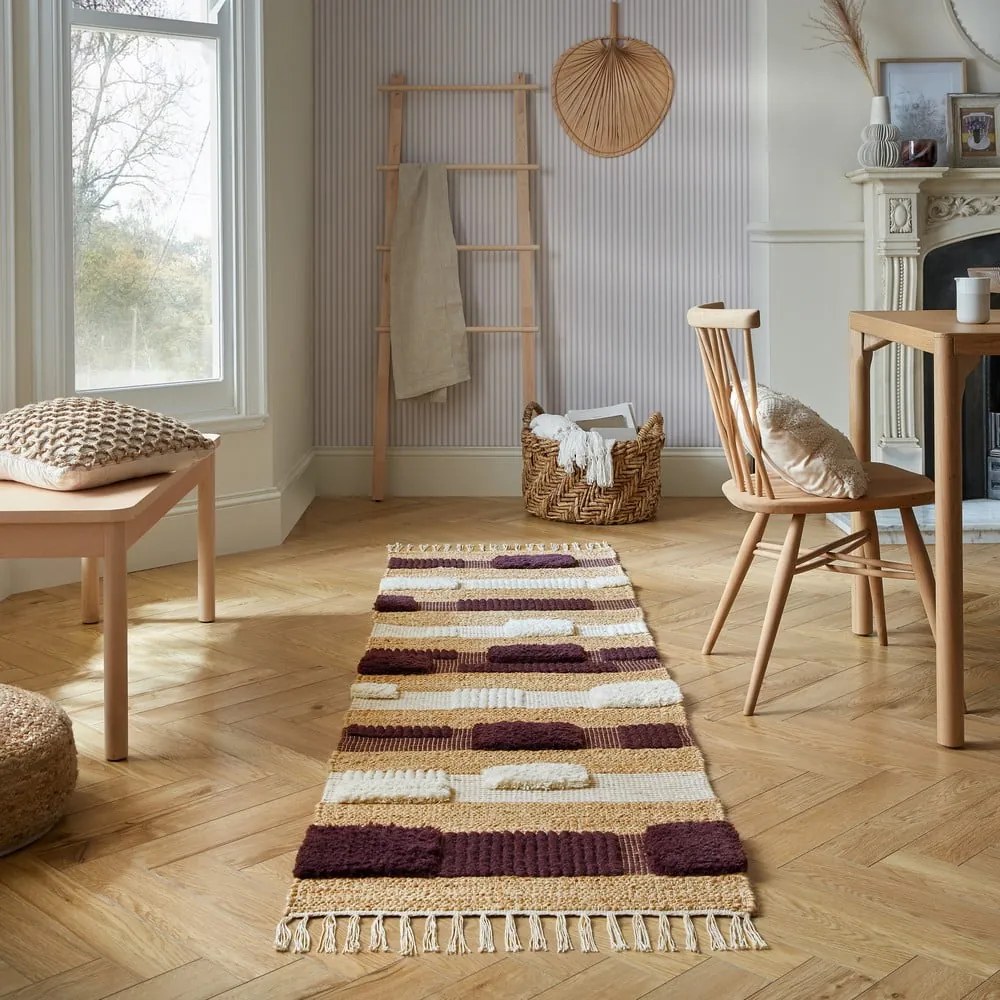 Fioletowo-naturalny chodnik z mieszanki juty tkany ręcznie 60x230 cm Medina Blocks – Flair Rugs