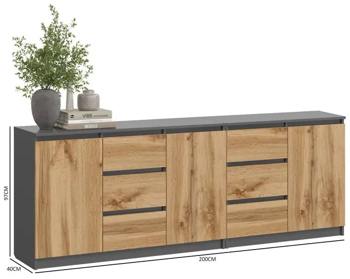 Podwójna nowoczesna komoda 200 cm antracyt + dąb wotan F6-H76