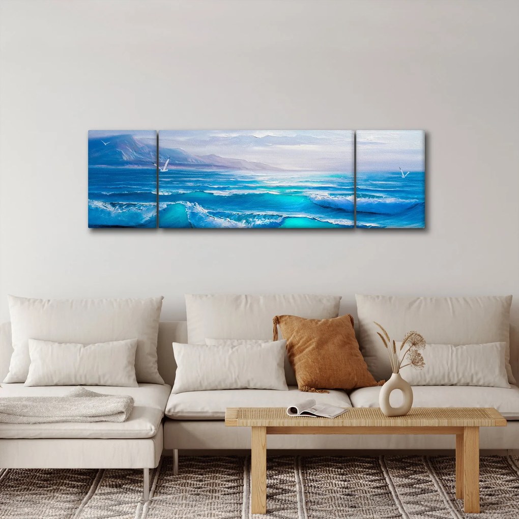 Obraz - Obraz olejny przedstawiający morze z mewami (170x50 cm)