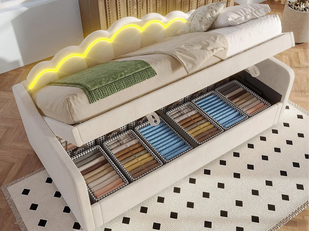 Kanapa z funkcją spania 90x200cm - Zmienny kolor światła LED - Welur - Beżowy (bez materaca)