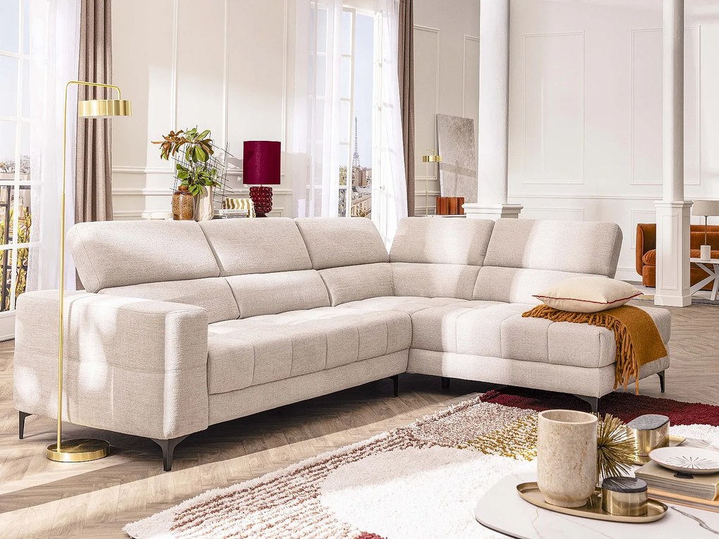 Kanapa narożna prawostronna z elektryczną funkcją relax, wysuwanym siedziskiem i beżową tapicerką - MONISO