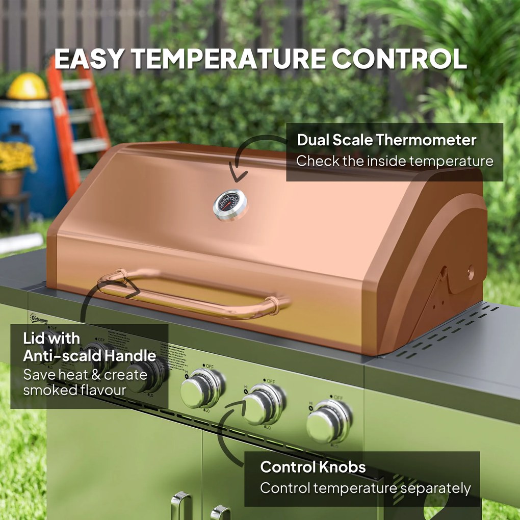 Outsunny Grill Gazowy 8500BTU z Wózkiem, 6 Palników ze Stali Nierdzewnej, Termometr, Regulator Ciśnienia 141 x 55 x 110 cm Srebrny