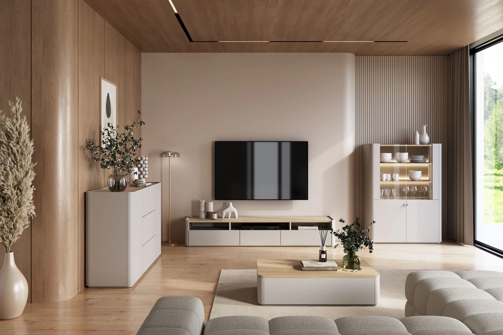 Szafka RTV Elivo 200 cm z dwoma szufladami - kaszmir / dąb olejowany