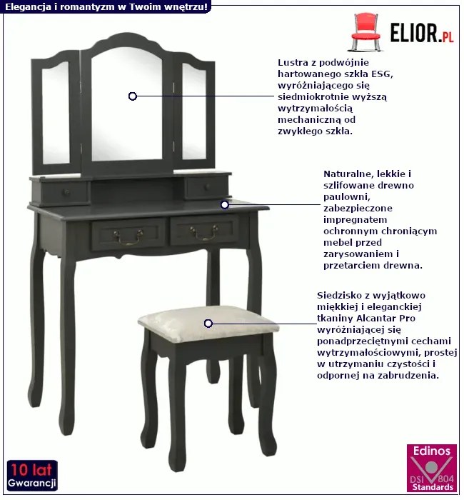 Szara toaletka ze stołkiem - Luxed