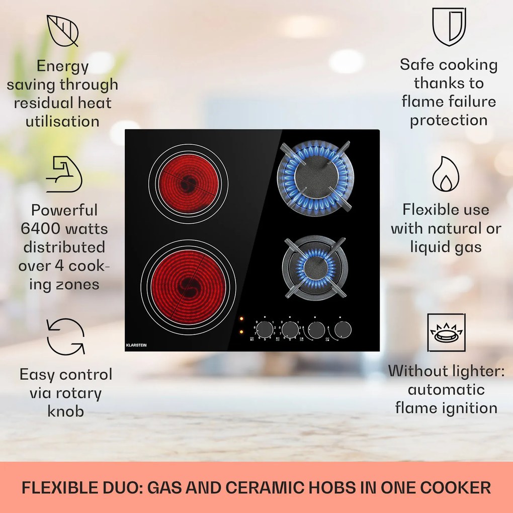 Klarstein Multichef 60cm Płyta kombinowana 4 strefy gotowania Czarne szkło