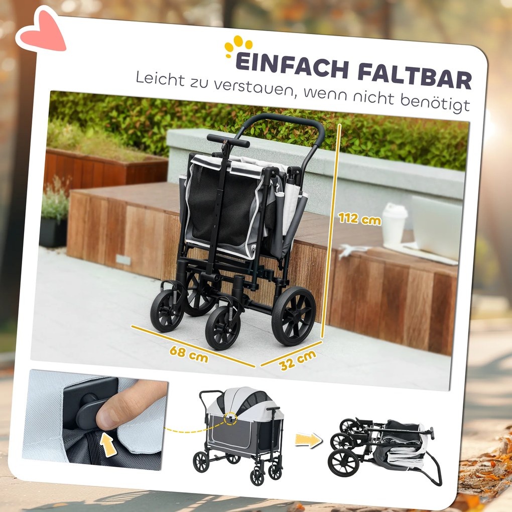 Wózek dla Psów PawHut Składany dla Psów i Kotów do 30 kg, 110 x 65 x 102 cm, Ciemnoszary