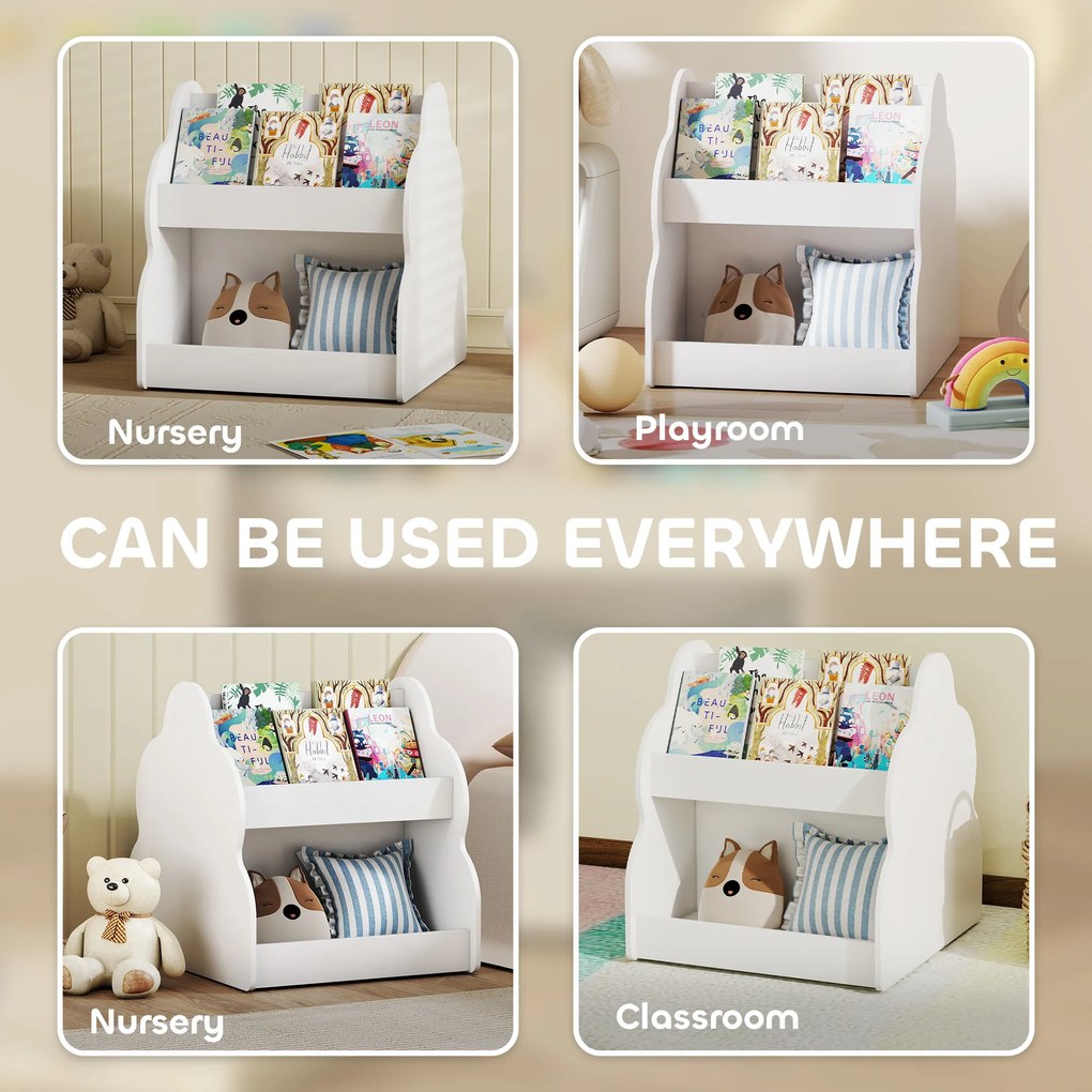 AIYAPLAY Regał dziecięcy, dwupoziomowy regał na książki dla dzieci z kółkami, 4 półki, do pokoju dziecięcego, pokoju zabaw, 54x50x56 cm, Biały