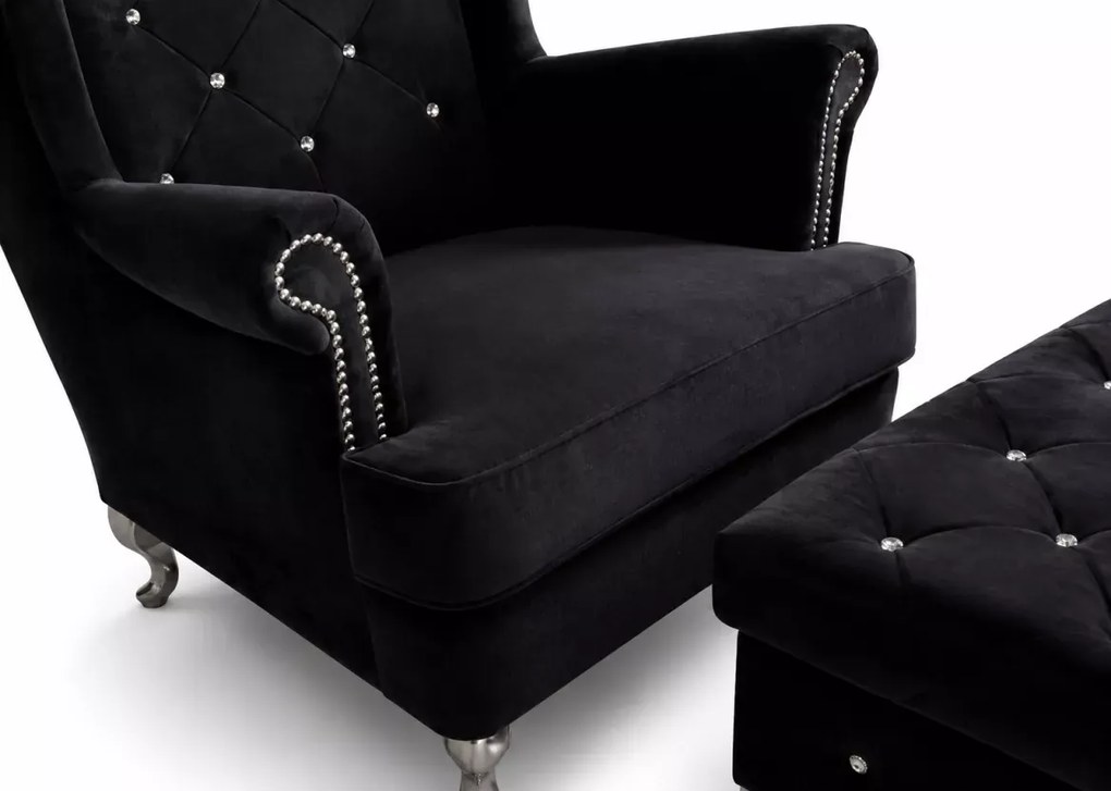 Skandynawski fotel uszak z dużym podnóżkiem Glam 90 cm