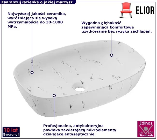 Biała prostokątna marmurkowa umywalka nablatowa - Soletta