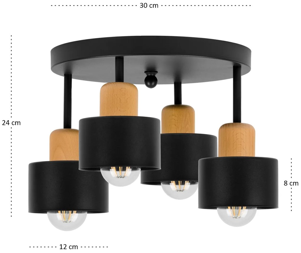 Czarna lampa sufitowa, czteropunktowy spot D4BU3030SC z drewna i metal