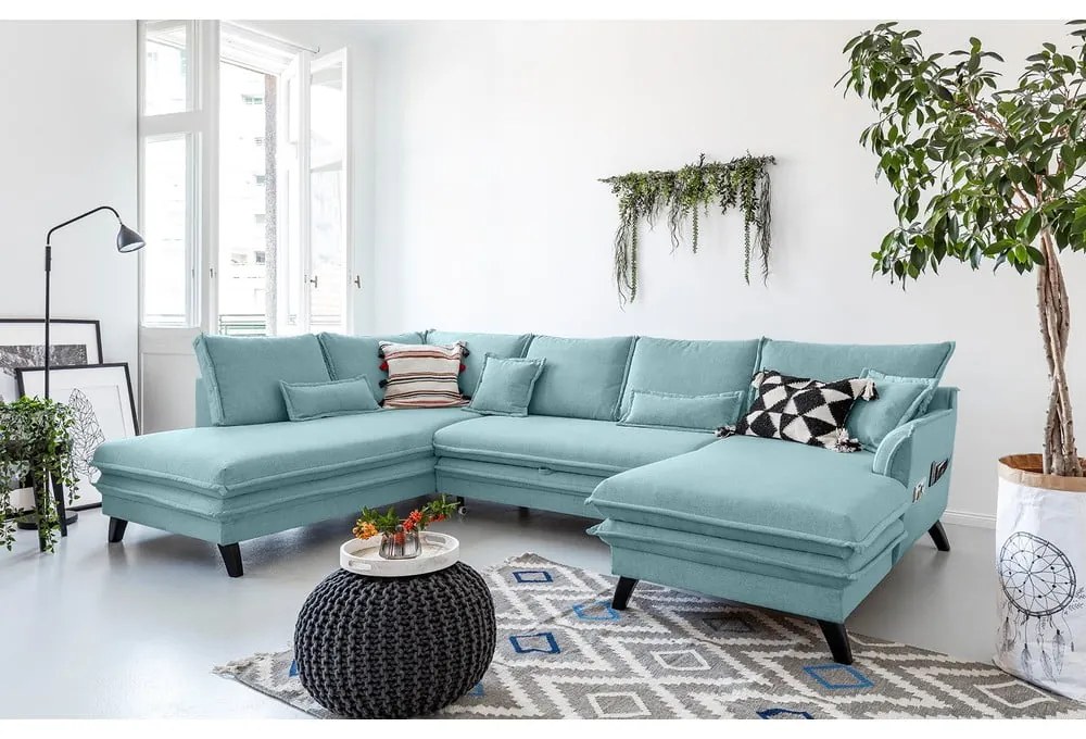 Jasnoniebieska rozkładana sofa w kształcie litery "U" Miuform Charming Charlie, lewostronna