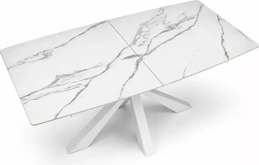 Stół Vivald rozkładany 160–200 cm – biały marmur spiek MDF, stalowa krzyżowa podstawa, elegancki stół do jadalni i salonu