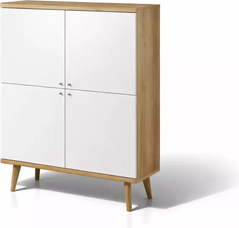 Komoda Bliwon 4-drzwiowa 107 cm skandynawska dąb riviera/biały nowoczesna szafka drewniane nogi