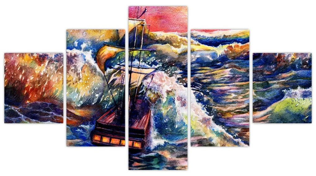 Obraz - Statek na falach oceanu, akwarela (125x70 cm)