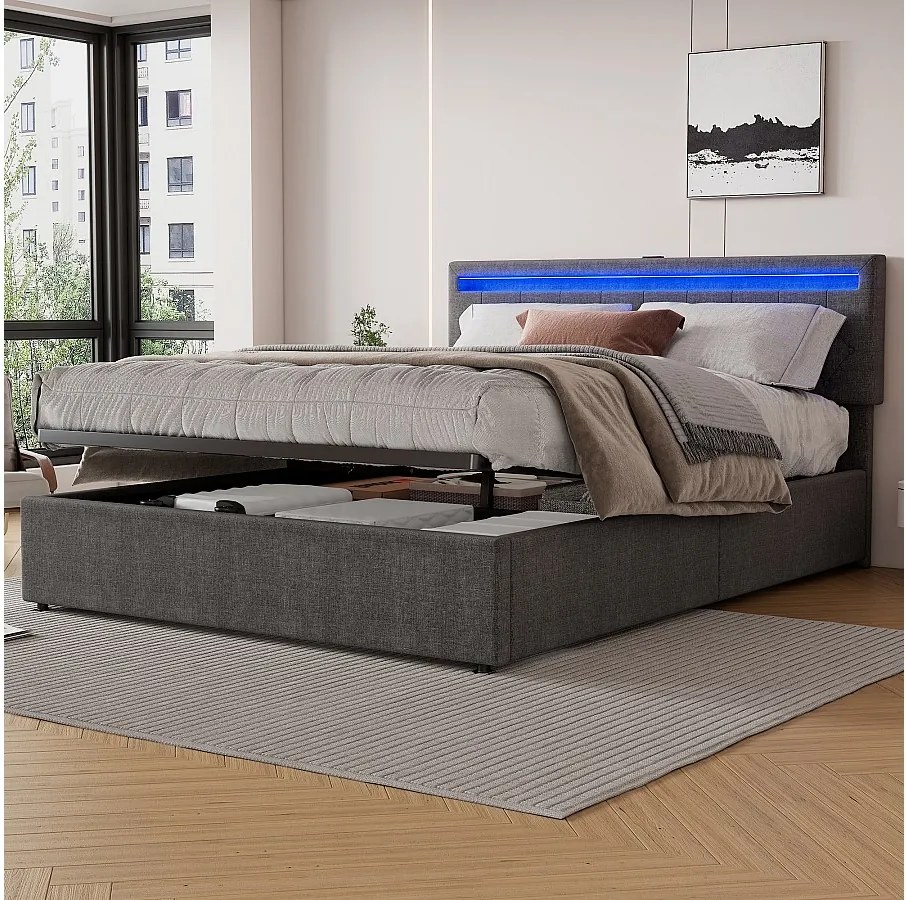 Łóżko z pojemnikiem 160 x 200 cm z portami USB i Type-C - Diody LED - Tkanina lniana - Szary