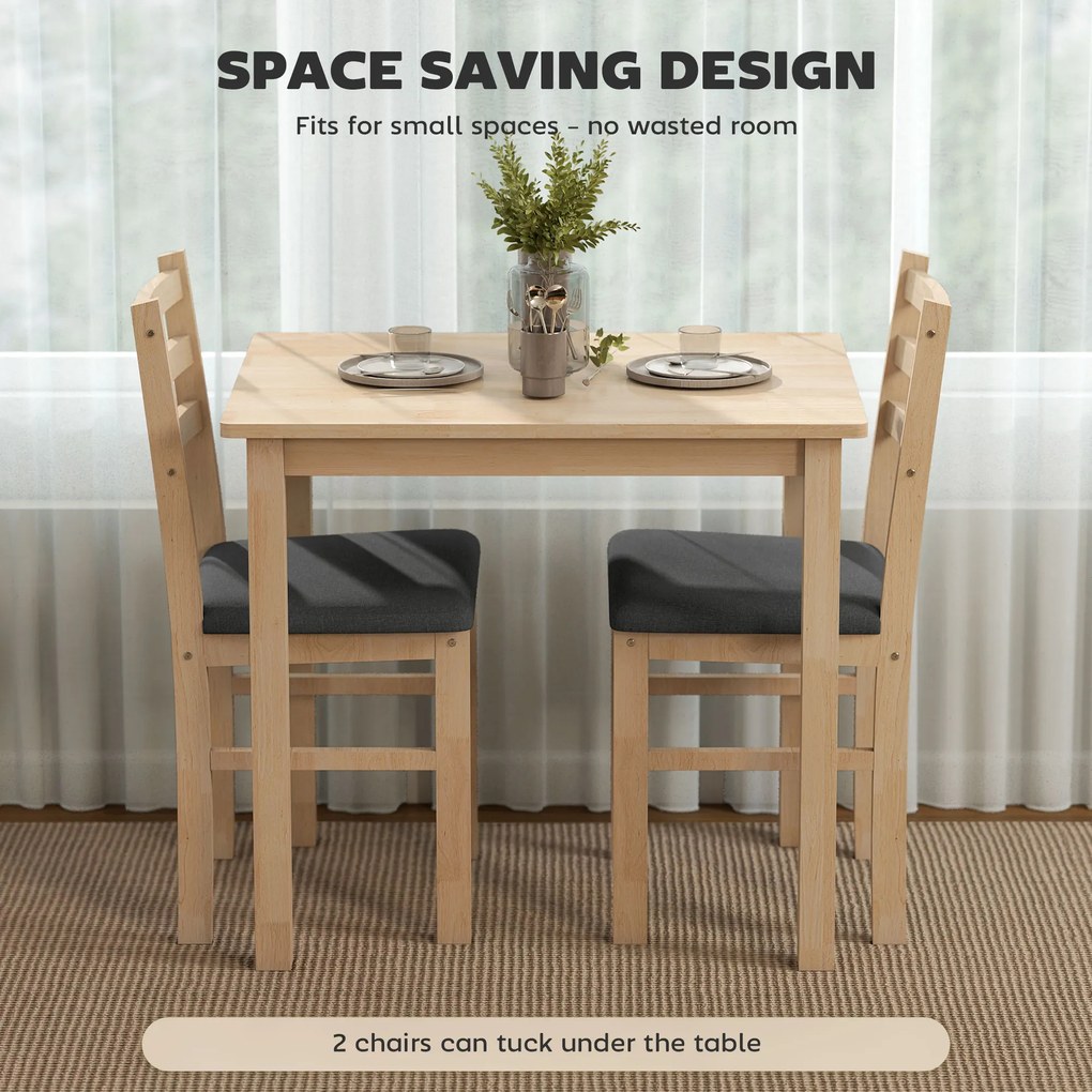 HOMCOM Zestaw 3-częściowy z stołem i 2 krzesłami, stół kuchenny do kompaktowych przestrzeni, tapicerowane krzesła, oszczędzające miejsce, MDF, naturalne drewno