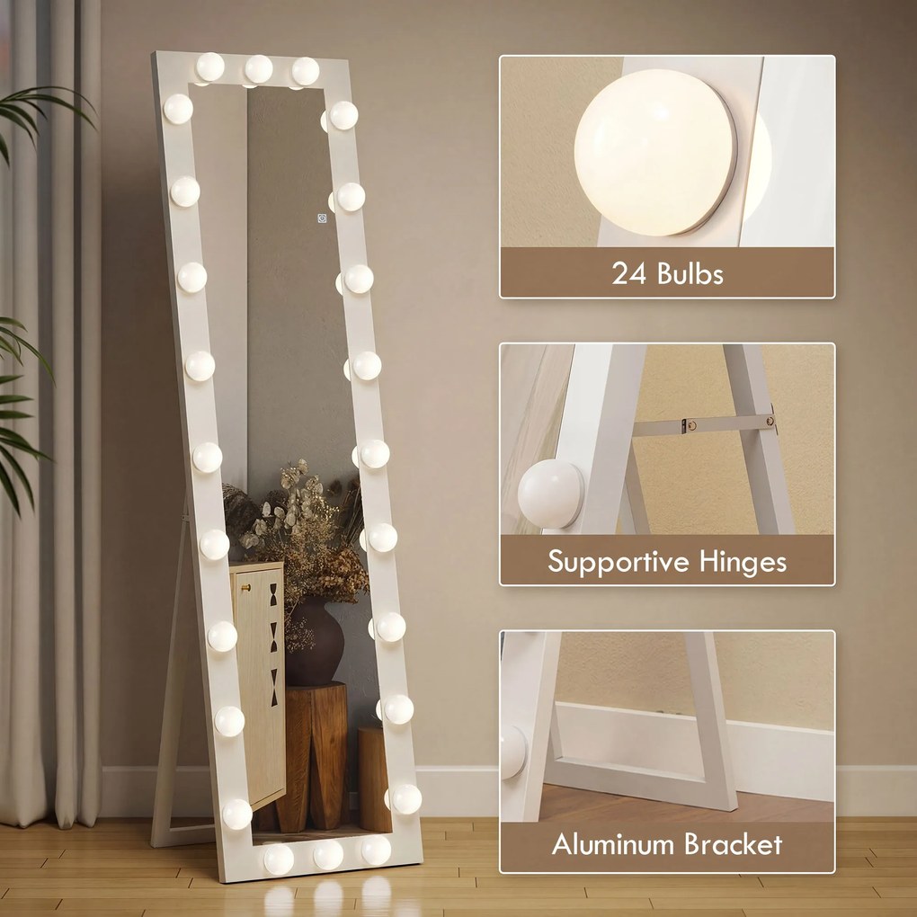 HOMCOM Lustro całopostaci 150x40 cm Lustro LED z 24 żarówkami 3 barwy światła, wolnostojące, do oparcia lub montażu na ścianie Biały | Aosom PL
