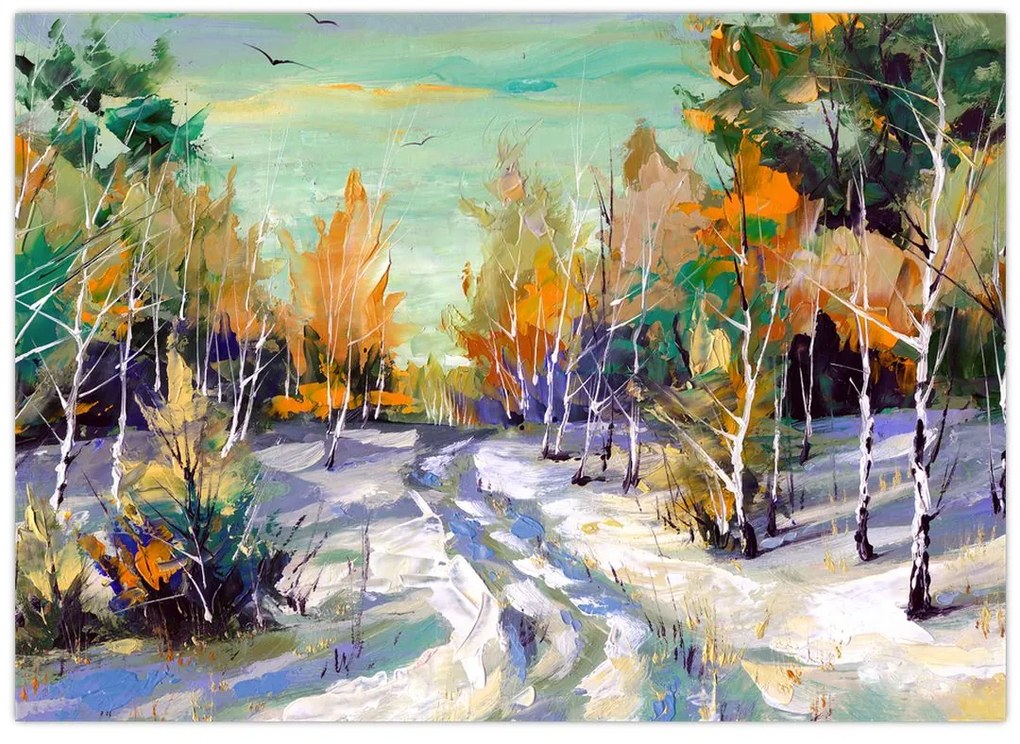 Obraz - Zaśnieżona ścieżka przez las, obraz olejny (70x50 cm)