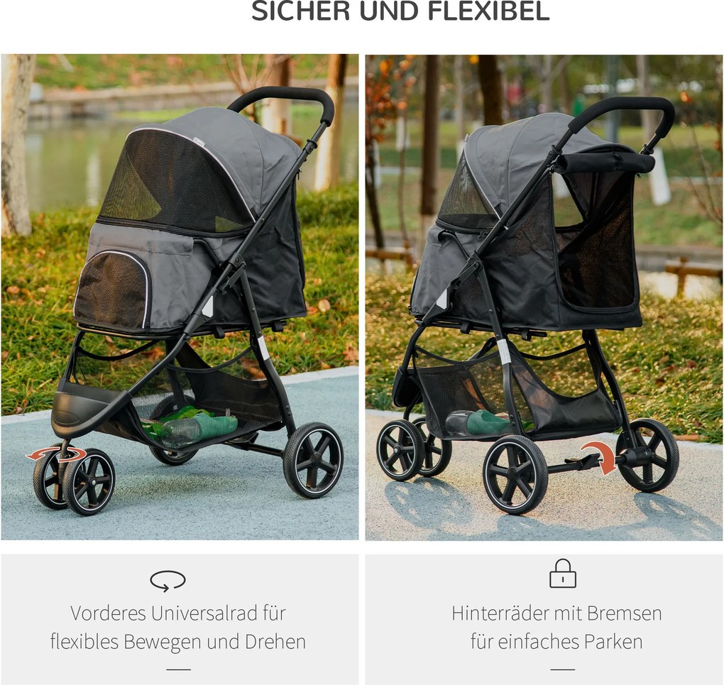 PawHut Wózek dla psa spacerowy składany z osłoną przeciwdeszczową dla małych psów i kotów do 10 kg z koszem hamulcem 83x55x101 cm szary | Aosom PL