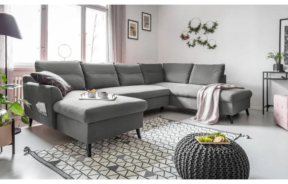 Jasnoszara aksamitna rozkładana sofa w kształcie litery "U" Miuform Stylish Stan, prawostronna