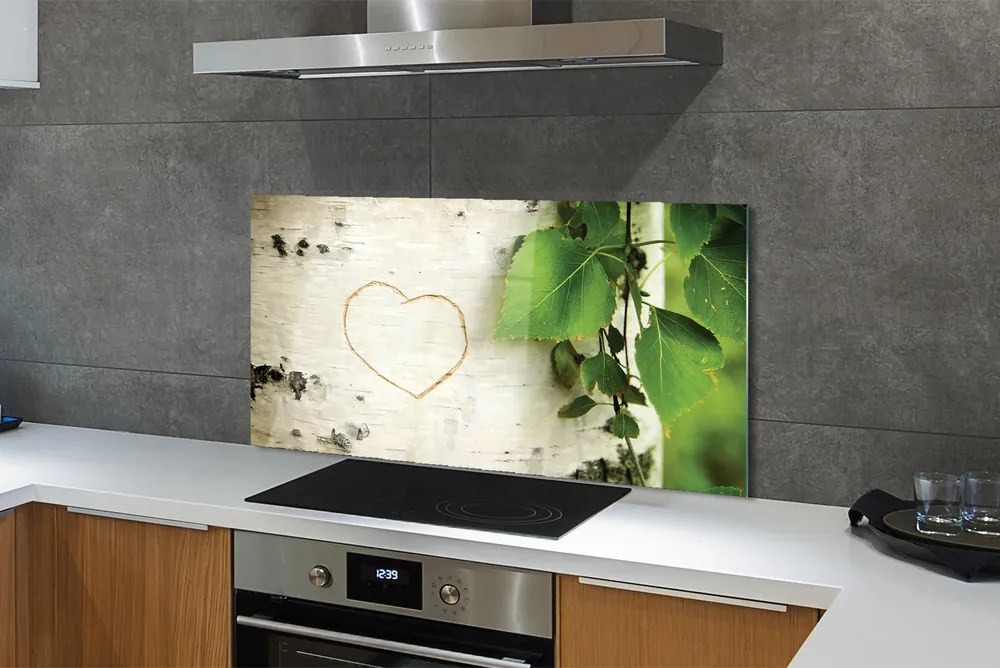 Panel szklany do Kuchni Serce z Liści na Pniu Brzozy